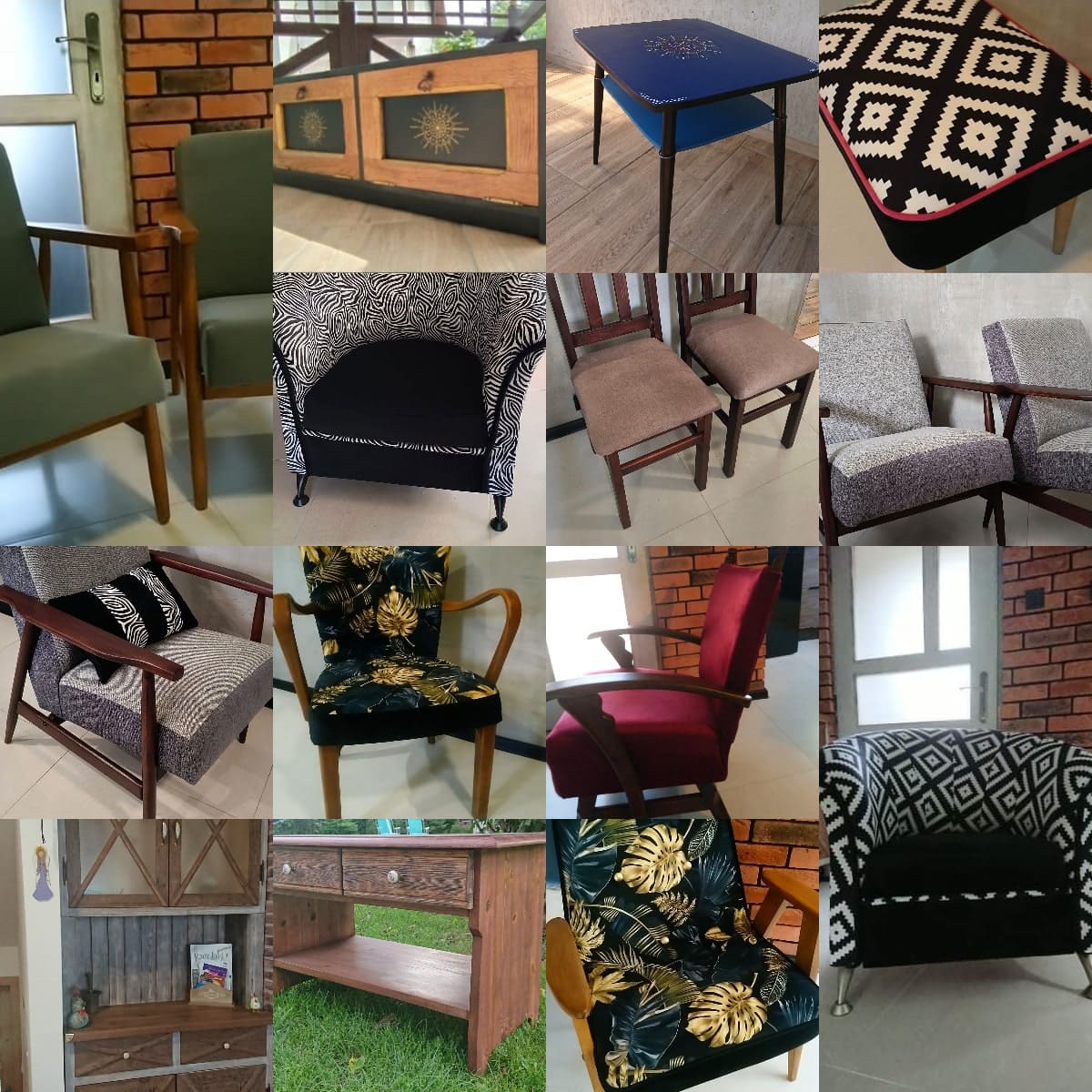 Kolaż odnowionych mebli tapicerowanych